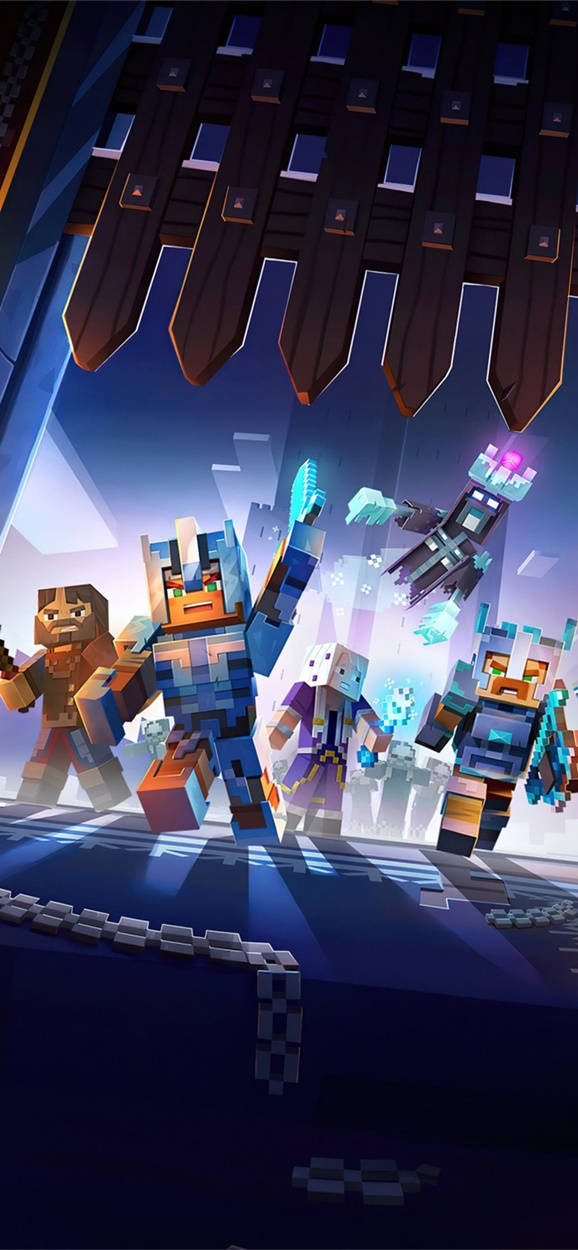 傑西進入洞穴 Minecraft iPhone 壁紙 — 像素化的Minecraft角色在發光的藍天下英勇站立，上方有浮動方塊和巨大結構。
