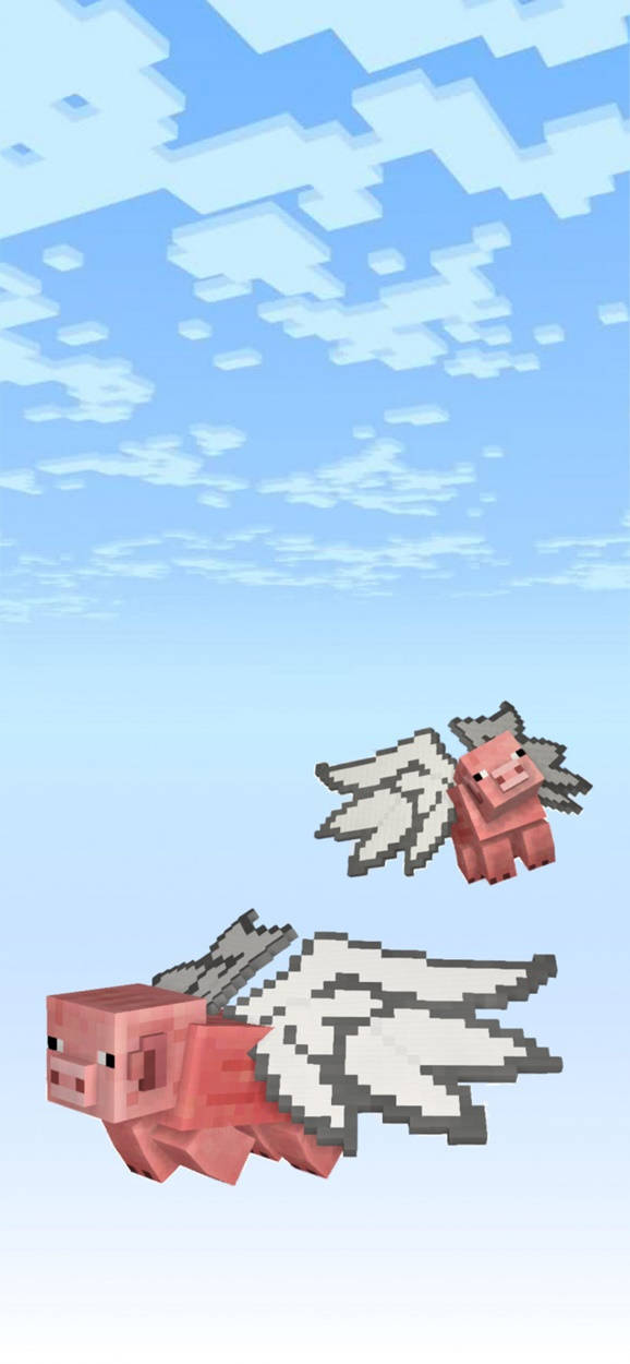 飛行豬群 Minecraft iPhone 壁紙 — 兩隻像素化的飛豬在Minecraft風格的方塊藍天中翱翔，伴隨著蓬鬆的白雲。
