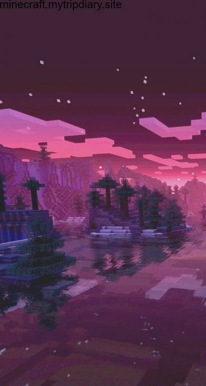 紫色星空Minecraft iPhone 壁紙 — 黃昏時分寧靜的Minecraft景觀，粉紅色的天空倒映在水面上，周圍是方塊狀的樹木和浮空島嶼。