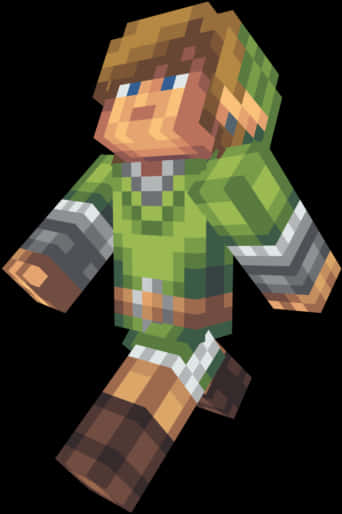 Minecraft 冒險家皮膚 壁紙 — 一個像素化的Minecraft角色穿著綠色盔甲，站在黑色背景前，表情愉快。