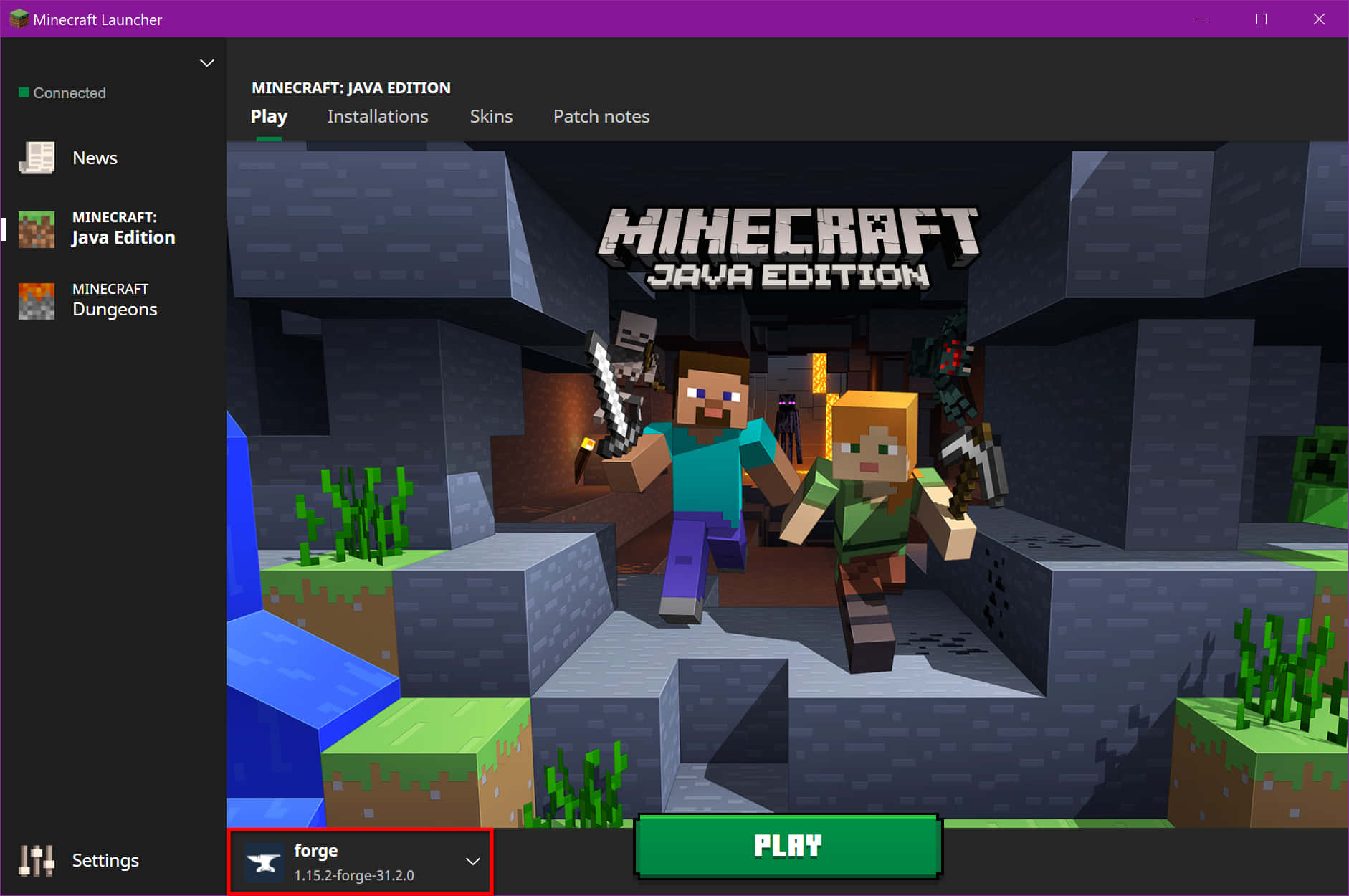 Minecraft Mods 桌布 壁紙 — Minecraft Java Edition 啟動器畫面，顯示 Steve 和 Alex 在洞穴中，並有一個綠色播放按鈕。