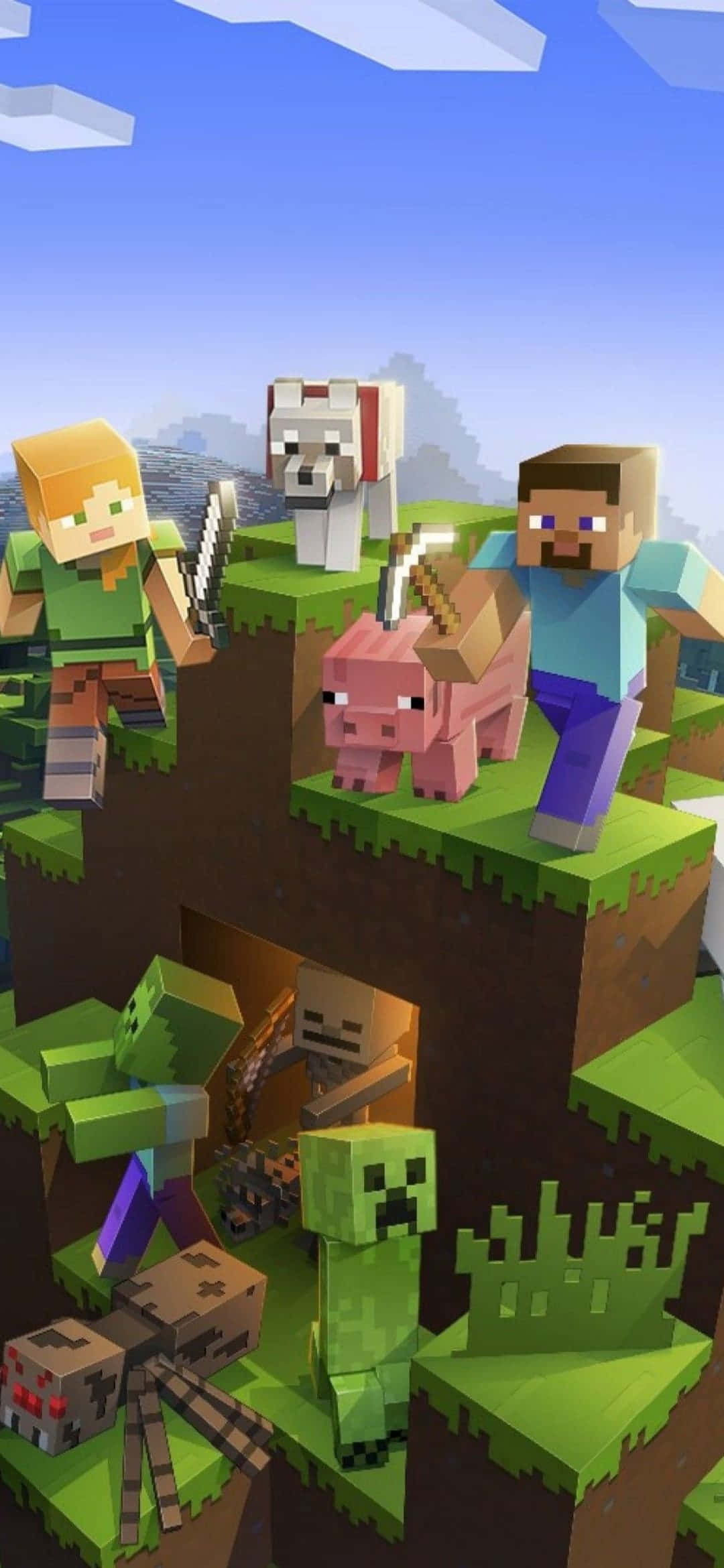 可愛的卡通Minecraft角色站在色彩繽紛的景觀前 壁紙 — 方塊狀的Minecraft角色和怪物站在浮動的草塊上，背景是晴朗的藍天和蓬鬆的白雲。