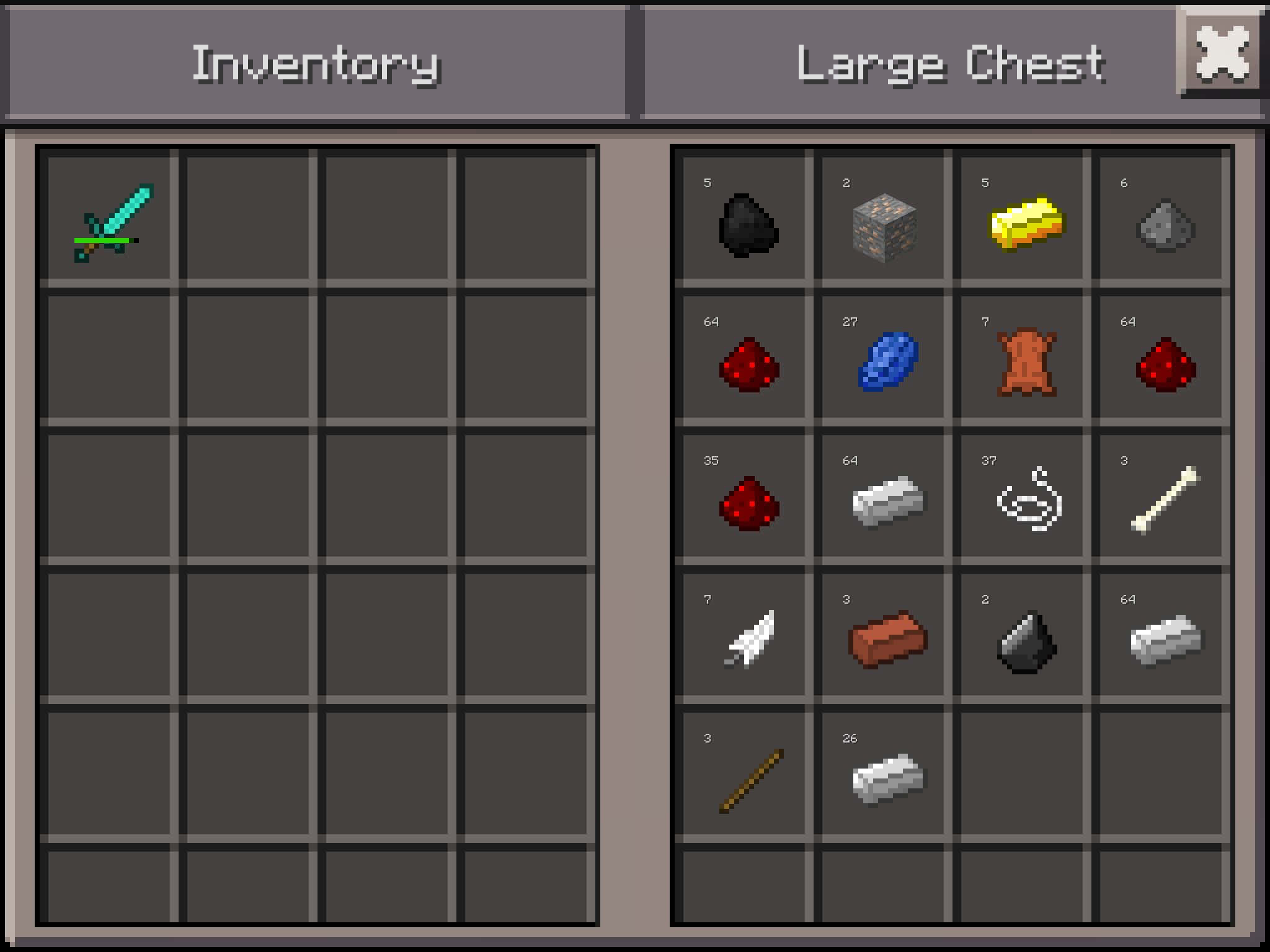 Minecraft 物品欄與大型箱子 壁紙 — 一個像素化的Minecraft物品欄畫面，顯示一把鑽石劍以及各種礦石工具和方塊在一個大儲物箱中。