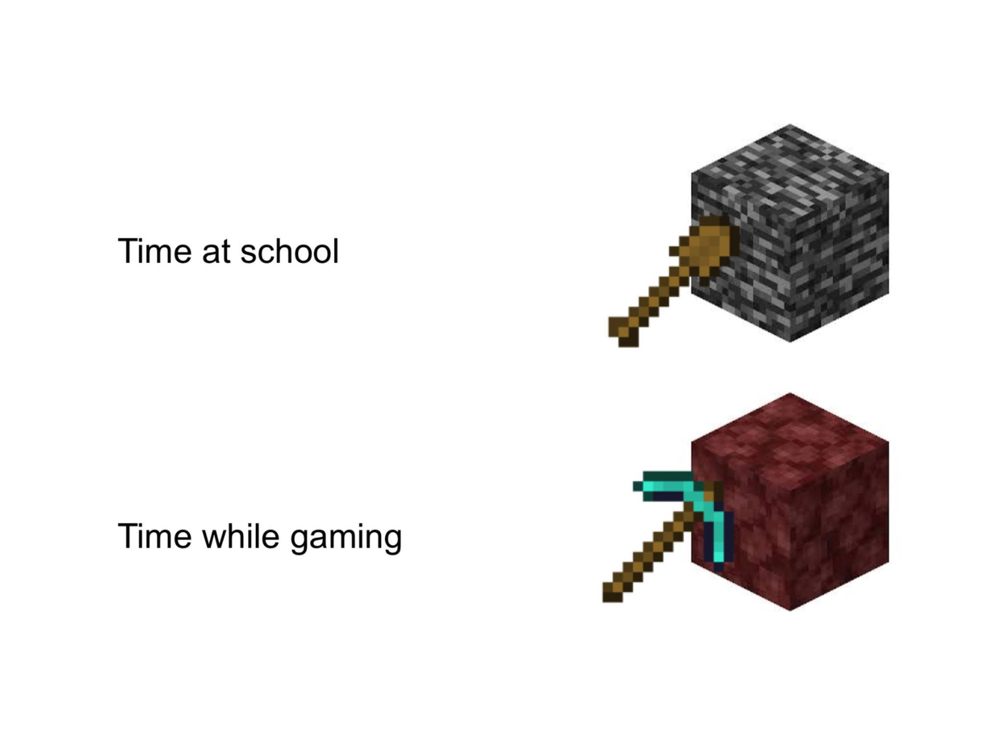 搞笑學校Minecraft梗圖 壁紙 — 兩個像素化嘅Minecraft工具喺度挖掘石頭同紅石方塊，帶有對比嘅文字標籤。
