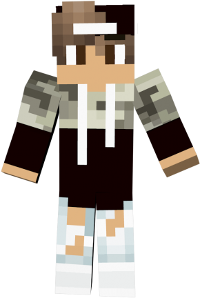 Minecraft 角色皮膚設計 壁紙 — 一個像素化的Minecraft角色，棕色頭髮、白色頭帶和迷彩連帽衫，站在黑色背景前。