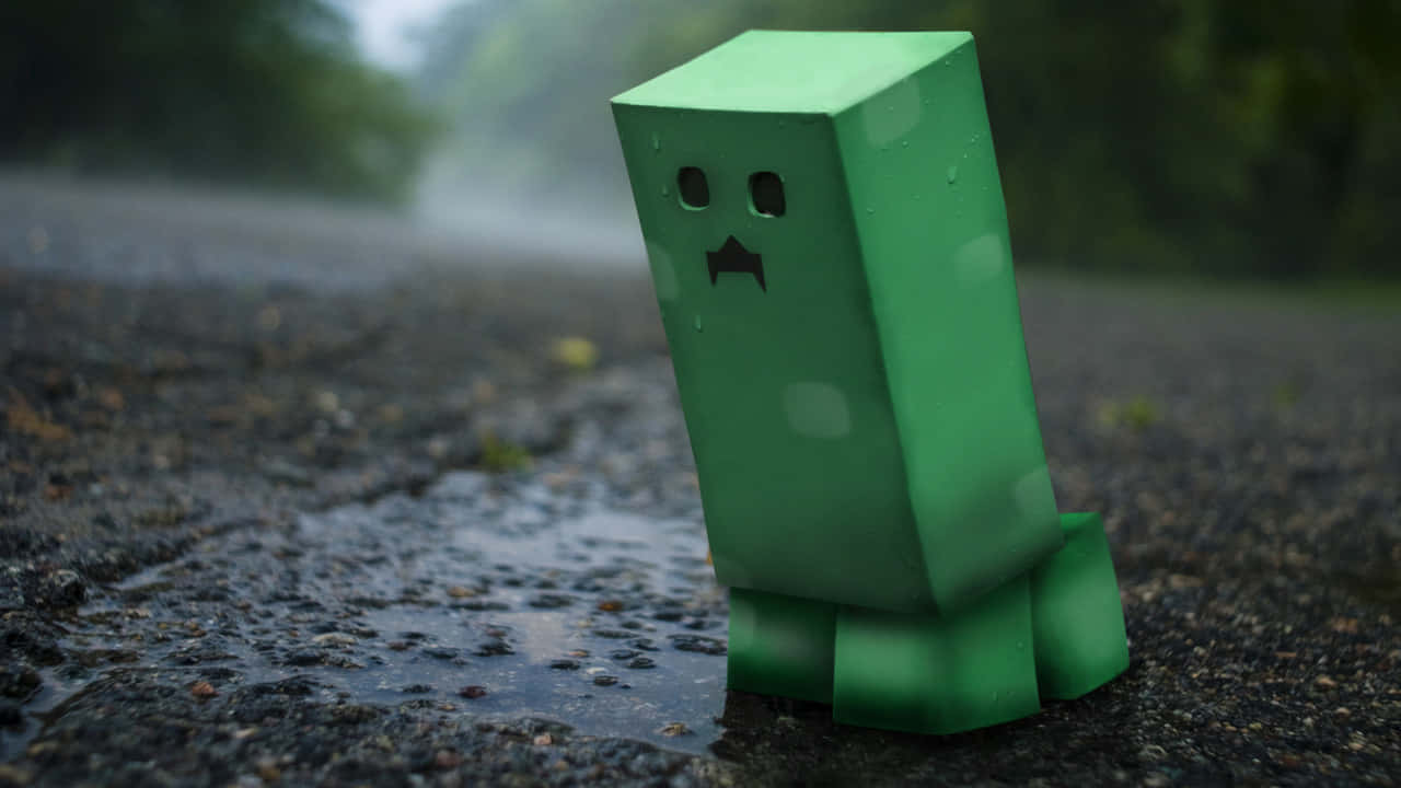 高畫質 Minecraft 壁紙 - Minecraft 壁紙 — 一個綠色方塊狀的爬行者獨自站在潮濕的瀝青路上，天空多雲有霧。