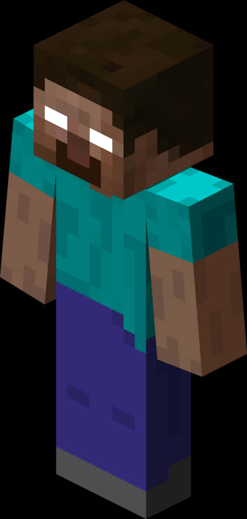 Minecraft 赫羅布林角色渲染 壁紙 — 一個像素化的Minecraft角色，棕色頭髮，發光的眼睛，穿著青綠色襯衫和藍色褲子，背景為黑色。