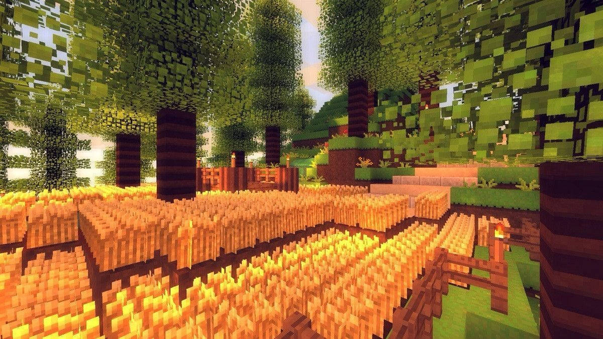 明亮天空下，有樹木和木柵欄的Minecraft小麥田