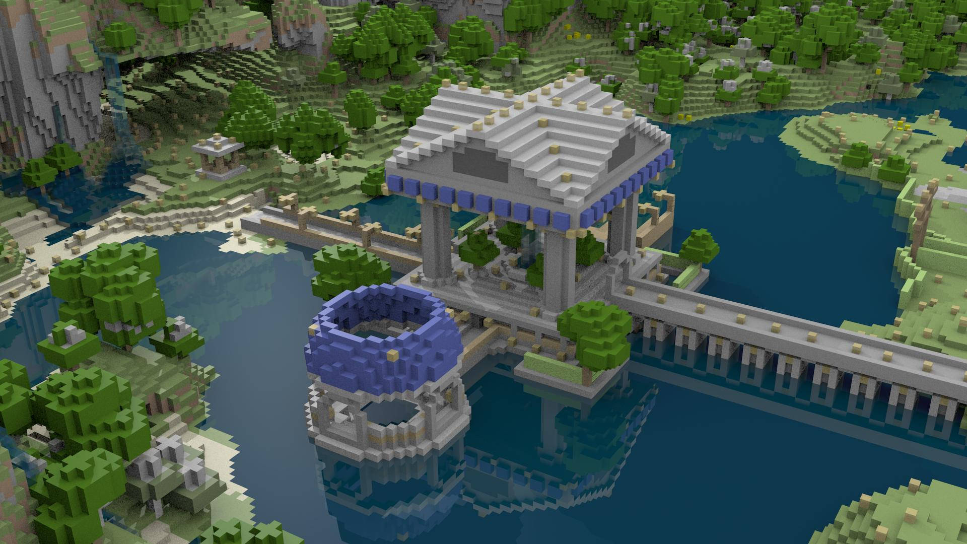 像素化寺廟在橋上橫跨湖泊，Minecraft風格