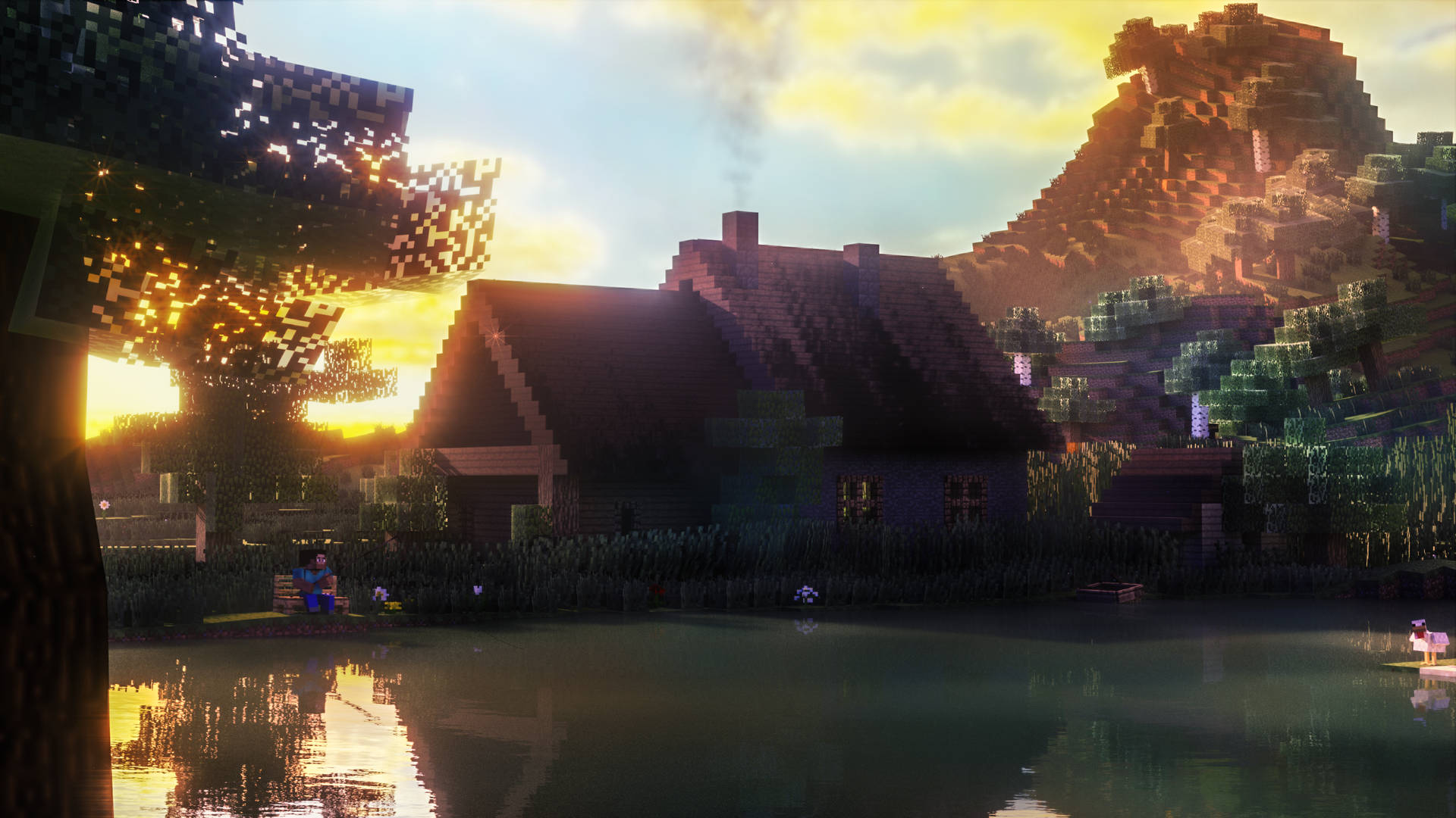 金色日落時湖邊的像素化Minecraft小屋，背景有山脈。