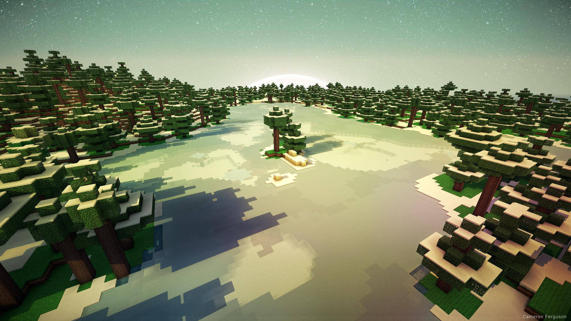 像素化的Minecraft森林，有雪覆蓋的樹木和冰凍的湖泊，在星空夜空下。