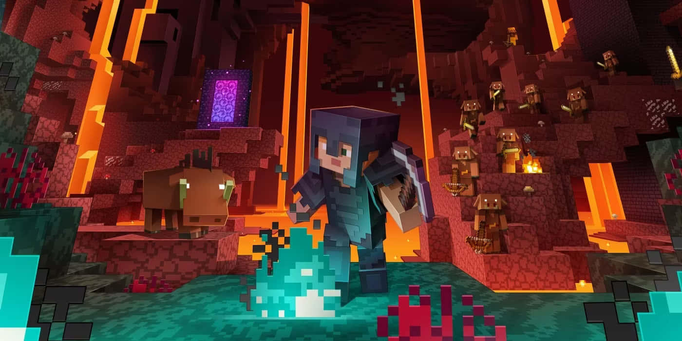  壁紙 — 一位Minecraft玩家站在燃燒的地獄堡壘中，手持盾牌，周圍有敵對生物和發光的熔岩。