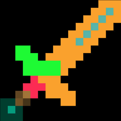 Minecraft 鑽石劍像素藝術.PNG 壁紙 — 一把像素化劍，橙色劍刃和綠色劍柄，在黑色背景上發光。