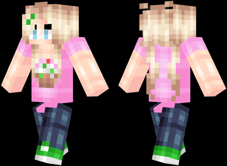 Minecraft 粉紅上衣藍牛仔褲女孩皮膚 壁紙 — 像素化Minecraft角色皮膚正面和背面，穿著粉紅色襯衫和格子褲。