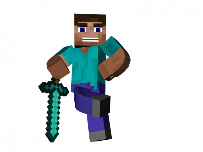 Minecraft 持鑽石劍角色 壁紙 — 一個像素化的Minecraft角色自信地站在黑色背景前，手持鑽石劍。
