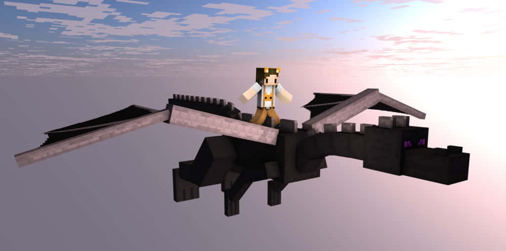 Minecraft 女角色騎乘終結龍 壁紙 — 一名Minecraft玩家騎著一隻紫色眼睛的黑色龍，背景是柔和粉紅與藍色的天空。
