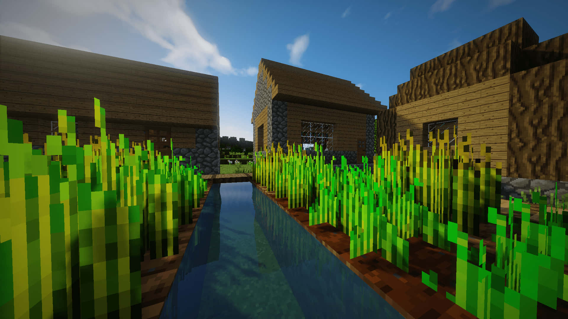 透過 Minecraft Shader 走進繽紛多彩的遊戲世界 壁紙 — 一個像素化的Minecraft村莊，有木屋和高高的草叢，沿著反射水渠排列，上方是明亮的藍天。