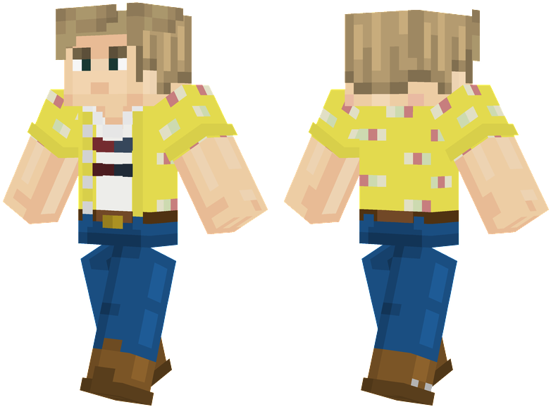 Minecraft 角色模型正面與背面視圖 壁紙 — 像素化Minecraft角色正面和背面展示，穿著黃色圖案襯衫、藍色牛仔褲和棕色靴子。