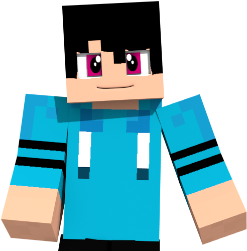 Minecraft 藍色上衣角色 壁紙 — 一個方塊狀像素角色，有粉紅色眼睛和藍色連帽衫，站在黑色背景前。
