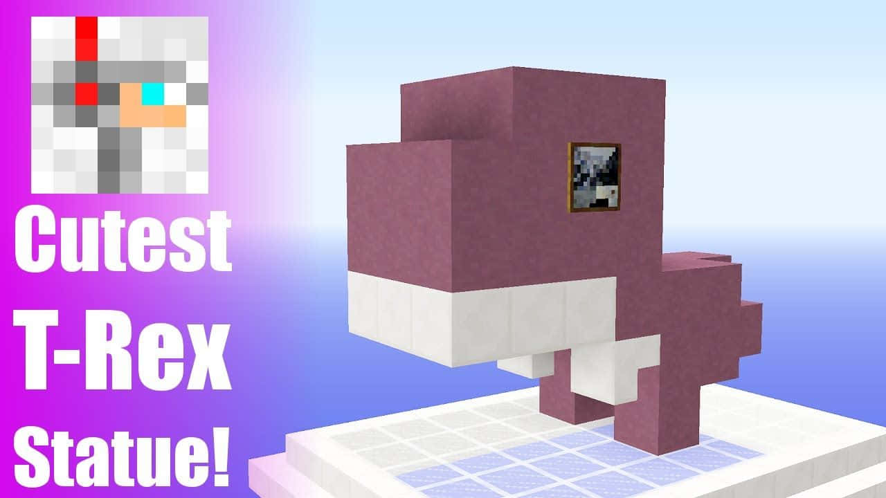 四個《Minecraft》角色踏上冒險之旅 壁紙 — 一個像素化的紫色暴龍雕像站在瓷磚平台上，背景是紫色和藍色的漸變，並帶有Minecraft風格的頭像圖標和粗體文字。