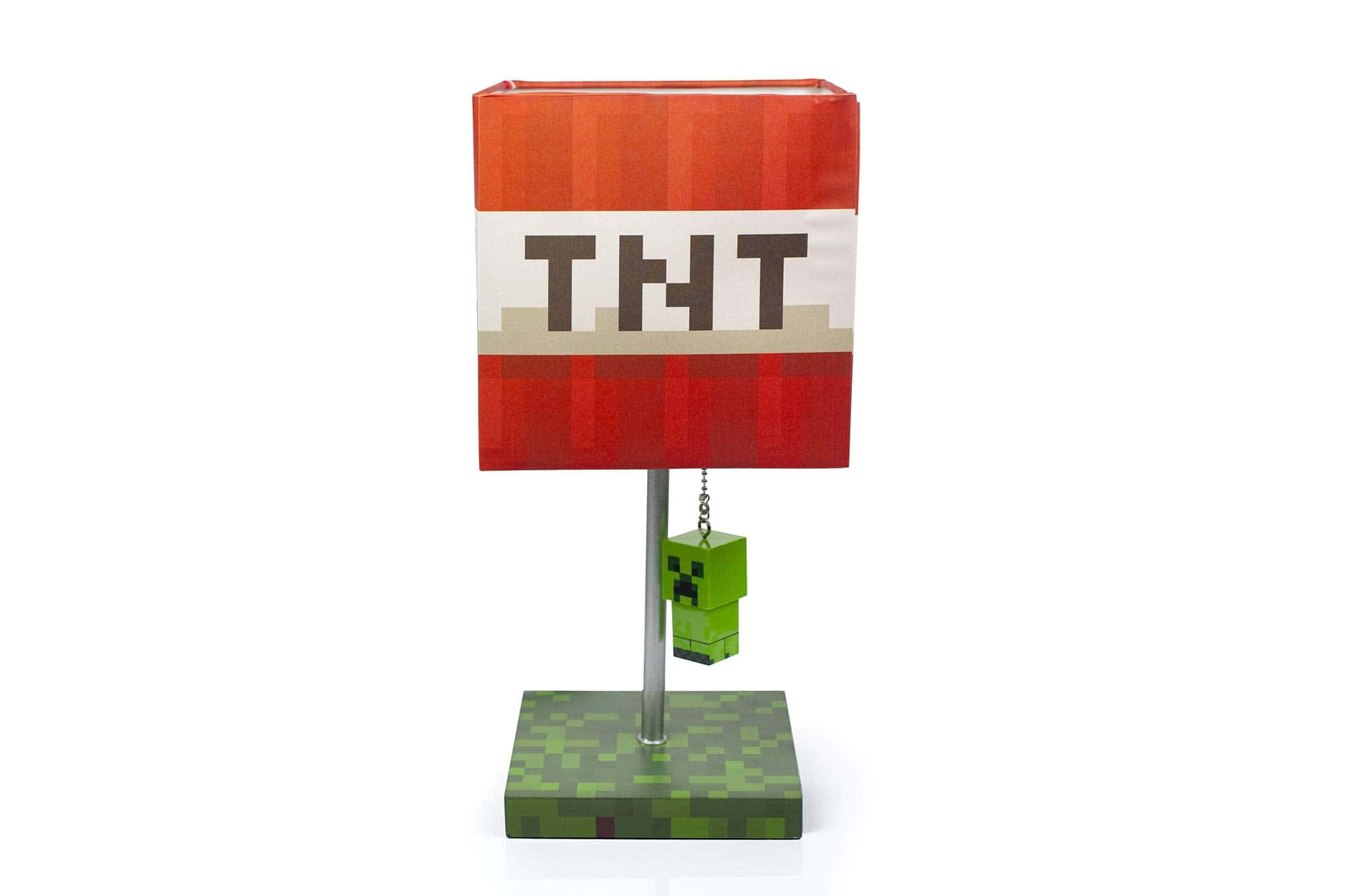 Minecraft TNT 爆炸驚喜等你引爆 壁紙 — 以Minecraft為主題的枱燈，帶有紅色TNT圖案的燈罩和懸掛在像素化綠色底座上的Creeper公仔。