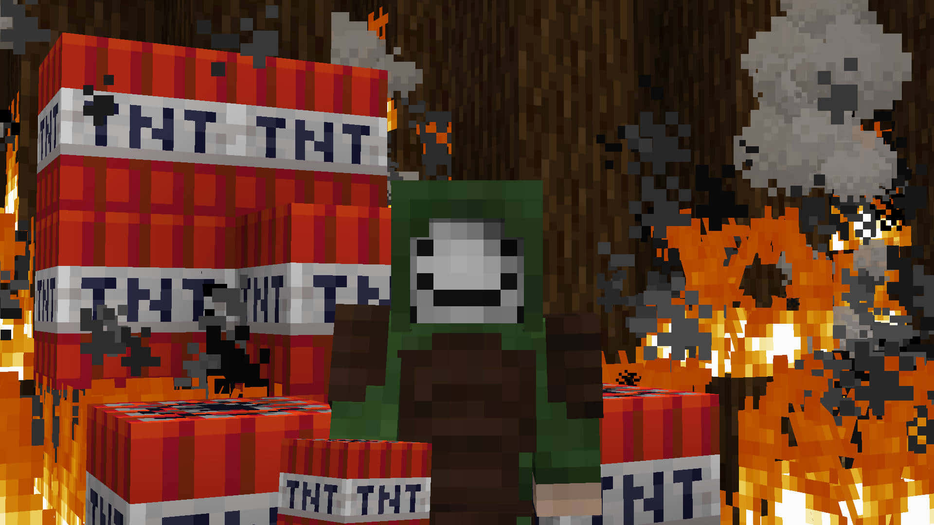Minecraft 經典 TNT 塊 壁紙 — 一個像素化的 Minecraft 爬行者站在森林中爆炸的 TNT 方塊之間，伴隨著橙色的火焰和煙霧。