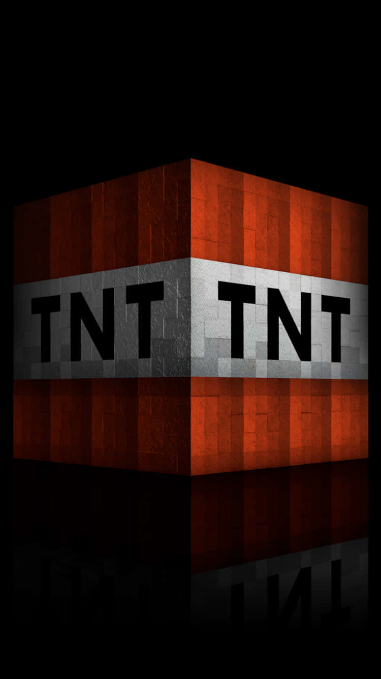 Minecraft TNT的破壞性力量 壁紙 — 一個來自Minecraft的像素化紅色和灰色TNT方塊在黑色背景和下方的反射表面上發光。