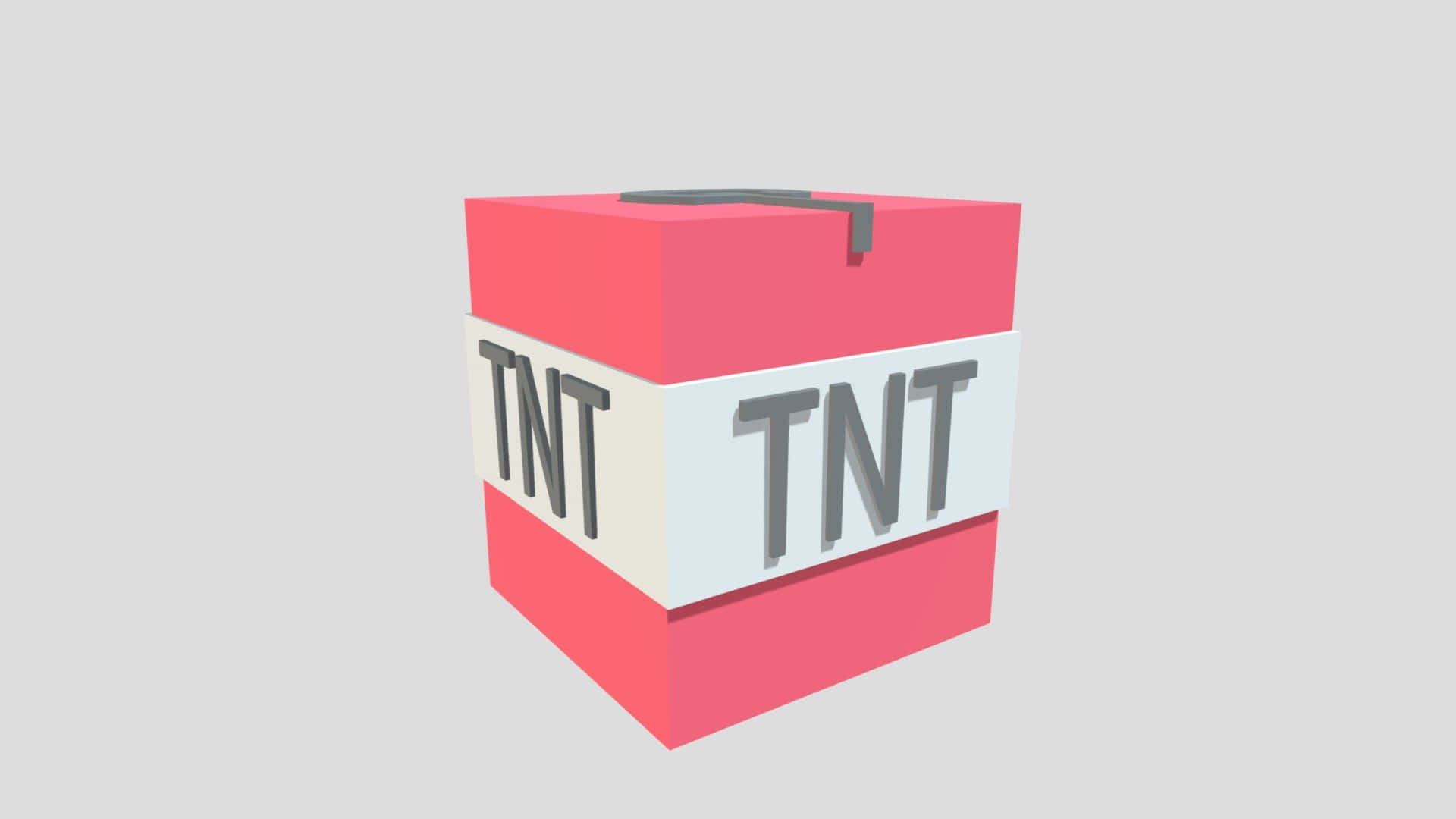 準備迎接爆炸！Minecraft TNT 壁紙 — 一個亮粉紅色的3D渲染TNT盒，帶有灰色字樣和金屬手柄，背景為純灰色。