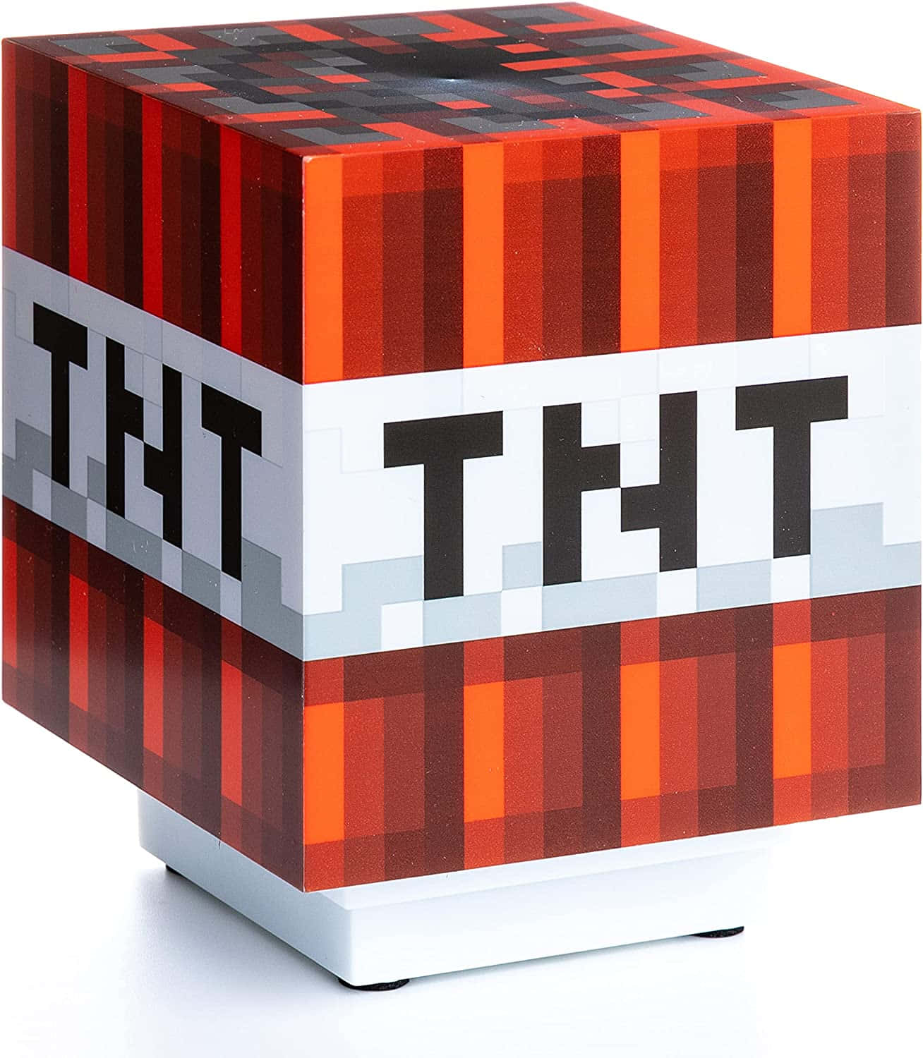 像素化 Minecraft TNT 方塊，帶有紅橙色條紋和黑色文字。