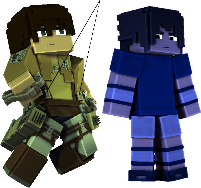 米卡莎與埃倫 Minecraft 風人物 壁紙 — 兩個Minecraft風格嘅方塊角色並排企喺黑色背景前，一個着黃褐色裝備，另一個着藍色條紋衫。