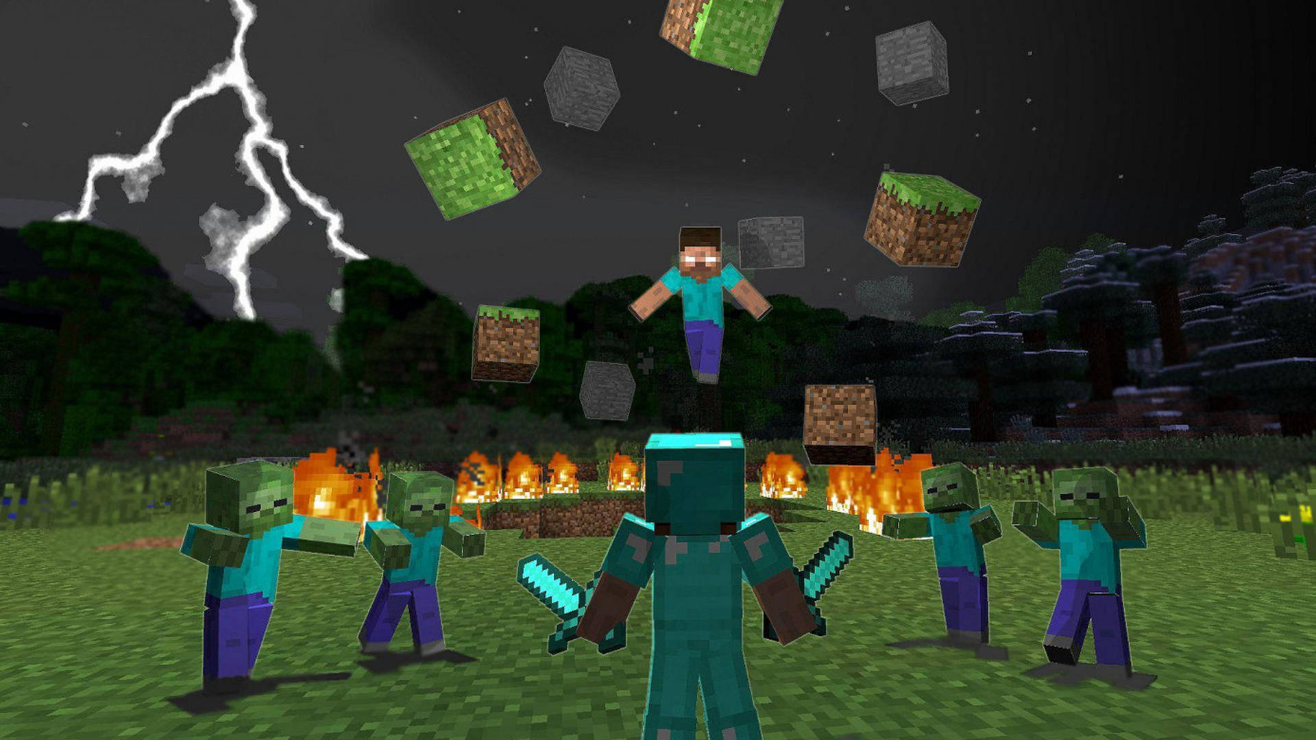 Minecraft 玩家在雷電風暴下跳過持劍的殭屍。