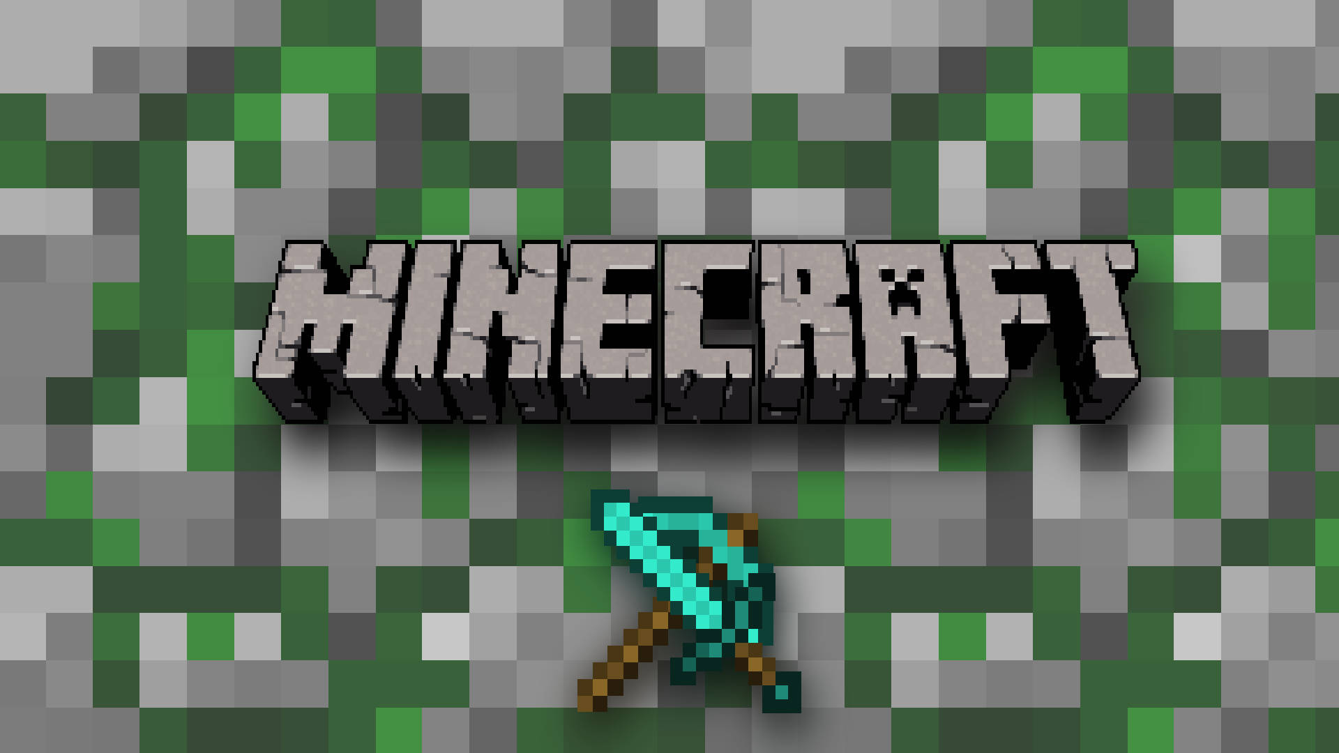 Minecraft標誌配劍與採礦鎬 壁紙 — Minecraft 標誌和鑽石劍顯示在像素化草地和石頭背景上。