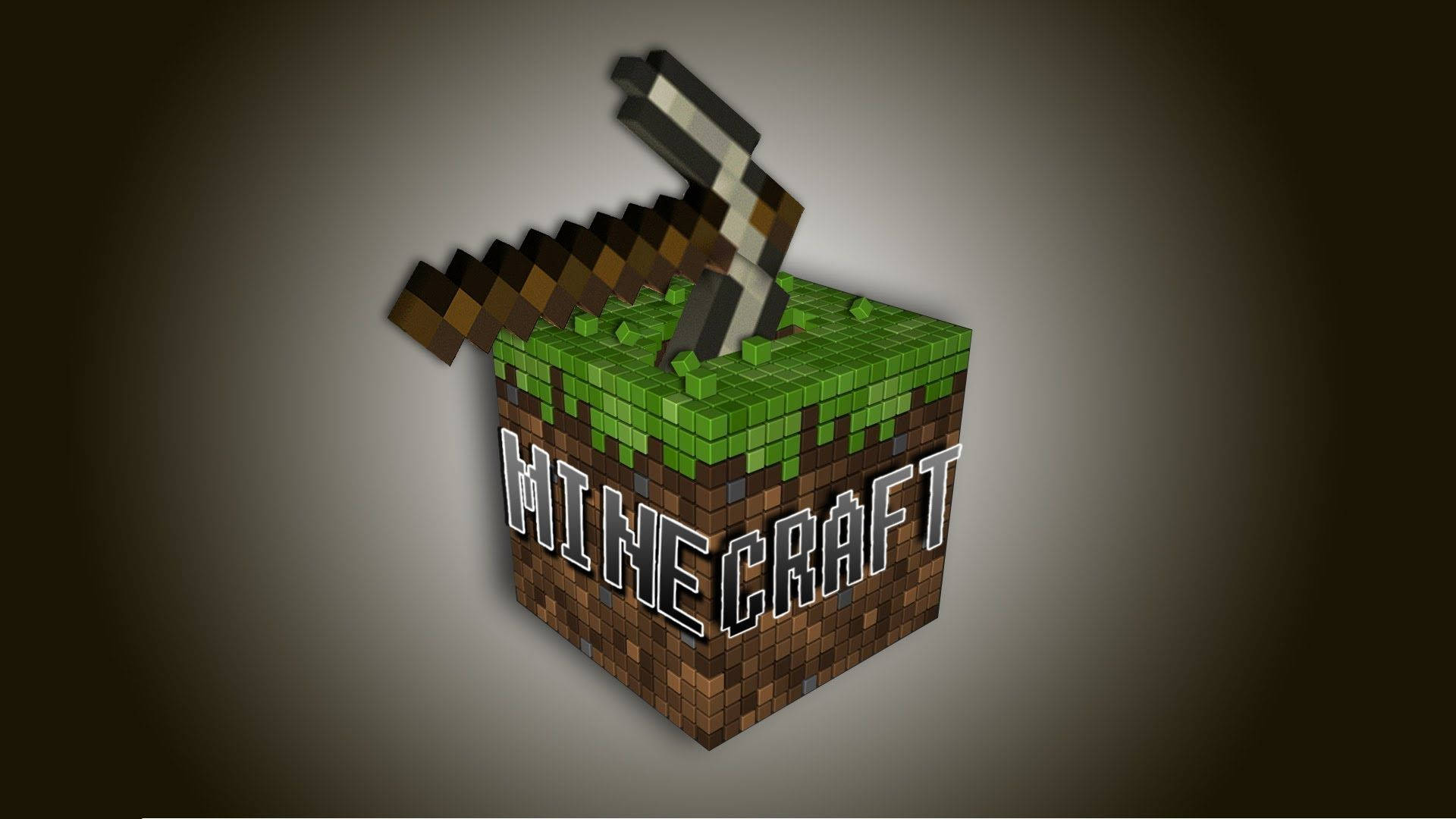 Minecraft標誌配鐵採礦鎬 壁紙 — 一個像素化的Minecraft泥土方塊，上面有草和一把鎬嵌入在深色漸變背景上。