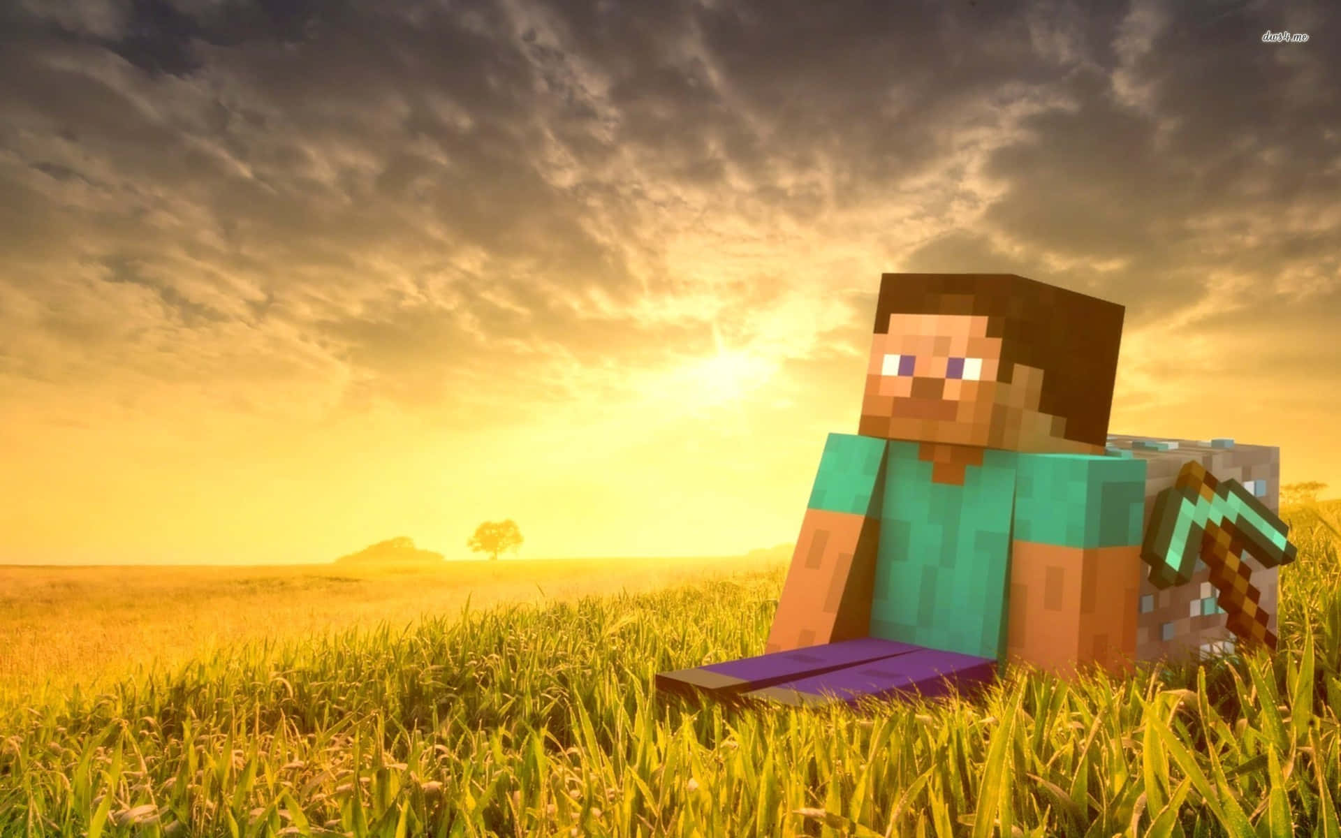 Minecraft角色坐在草地上，夕陽下手持鑽石劍。