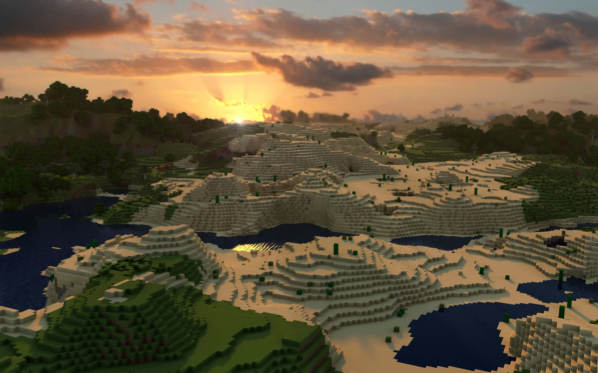 夕陽下的塊狀 Minecraft 世界，有山脈、河流和森林。