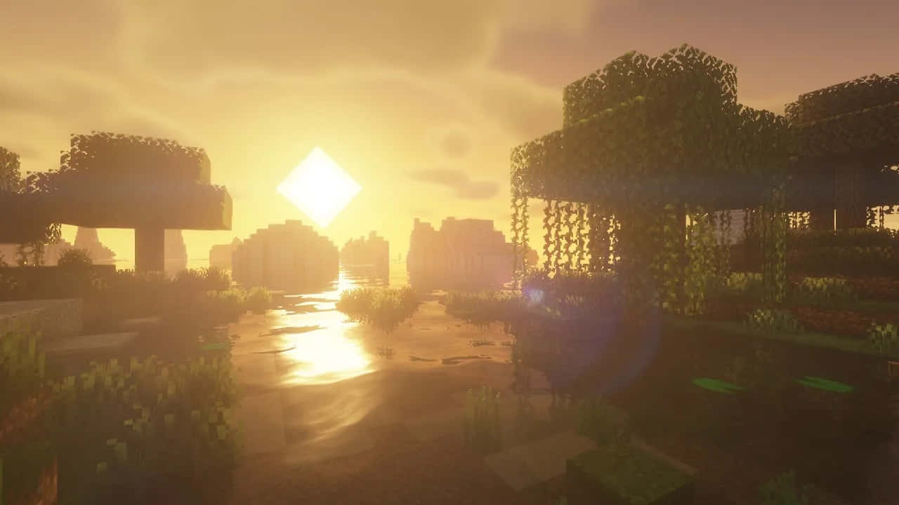 Minecraft日落景觀，有方塊樹木同埋水面反射嘅發光太陽
