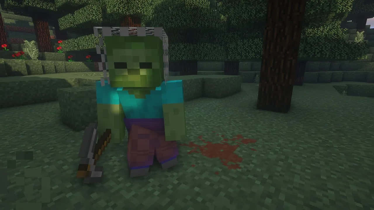 Minecraft Zombie 桌布 壁紙 — Minecraft 中一個像素化的綠色喪屍站在森林裡，手持劍，地上有血。