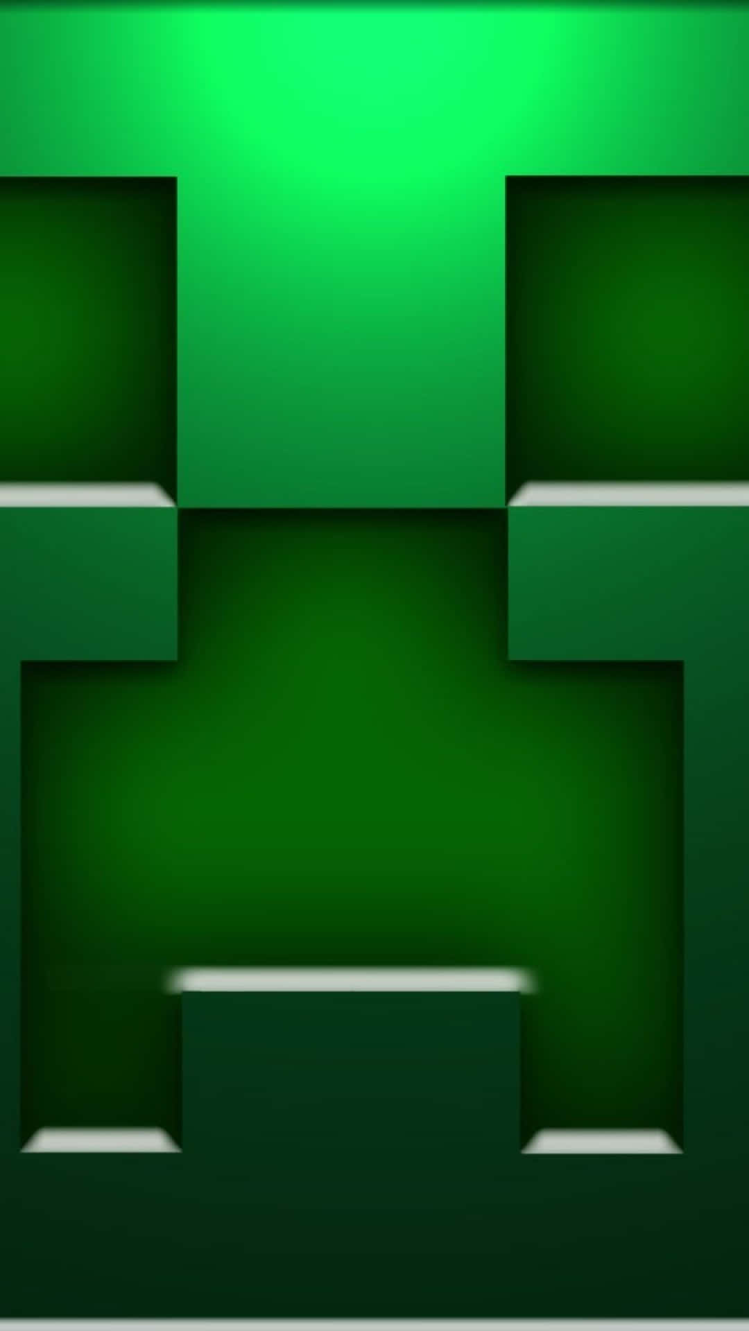Minecraft Phone 桌布 壁紙 — Minecraft 中一個像素化的綠色爬行者面孔，帶有發光的眼睛和方塊特徵。