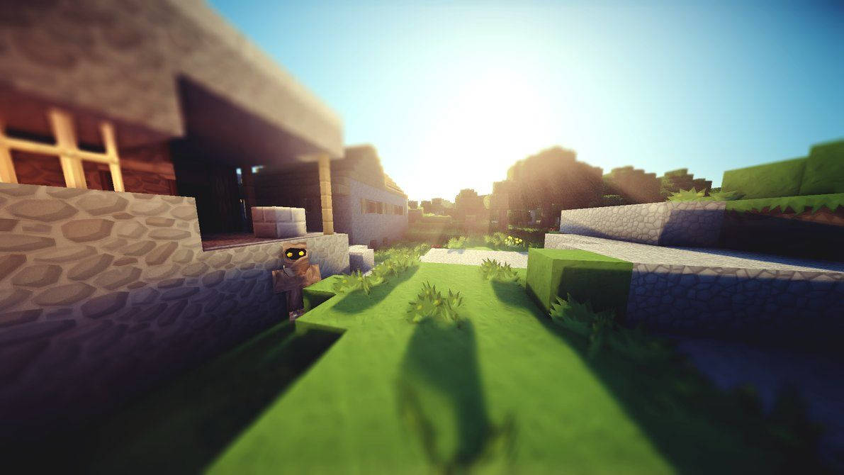 Minecraft角色在日落時分的方塊村莊中，有石屋和綠草。