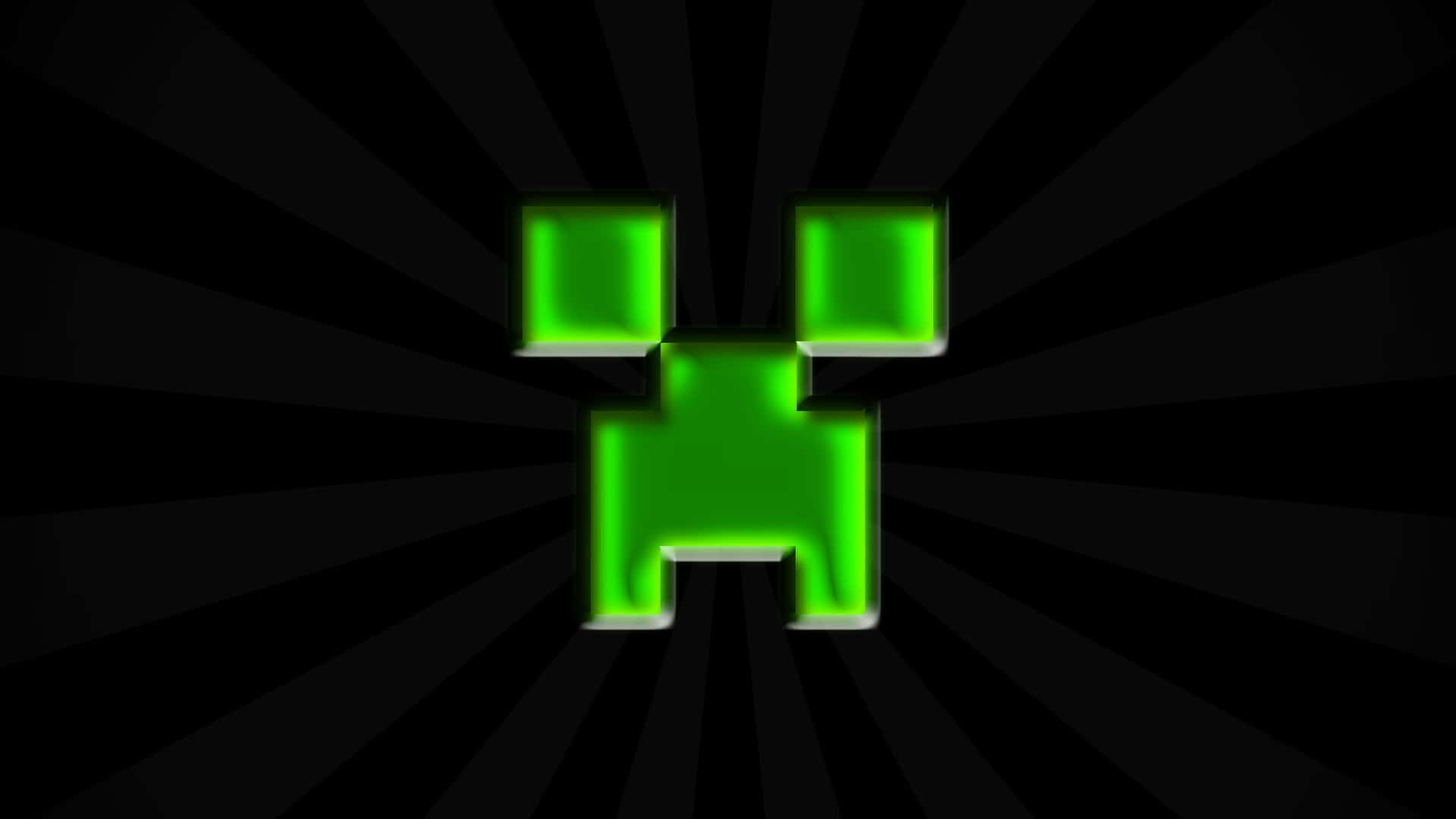 型格 Minecraft 桌布 壁紙 — Minecraft 中發光的綠色苦力怕臉在黑色放射狀爆發背景中閃耀。