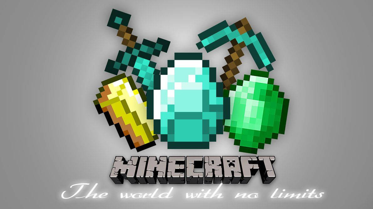 Minecraft遊戲標誌，帶有像素化鑽石劍鎬和金錠。