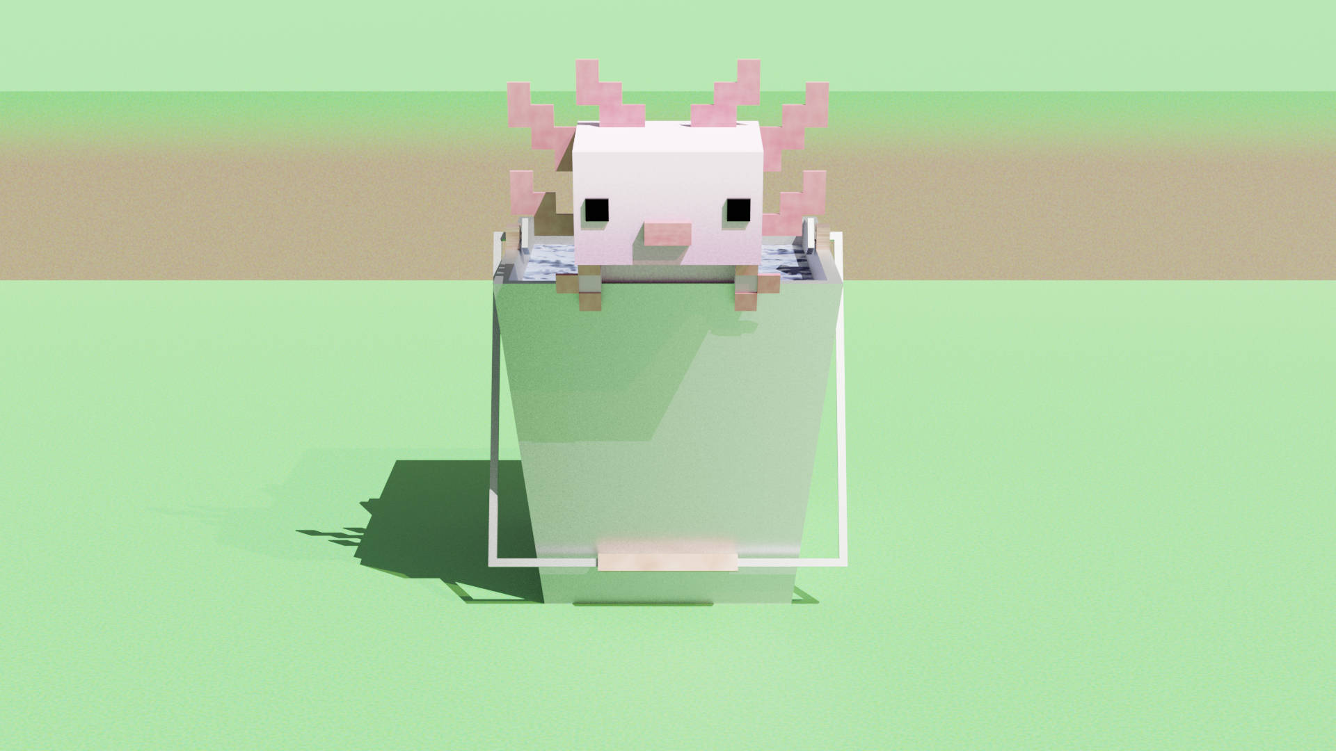 Minecraft 中的 Axolotl 罐頭 壁紙 — 一隻可愛的像素化粉紅色蠑螈坐在玻璃缸內，背景是柔和的綠色和米色。