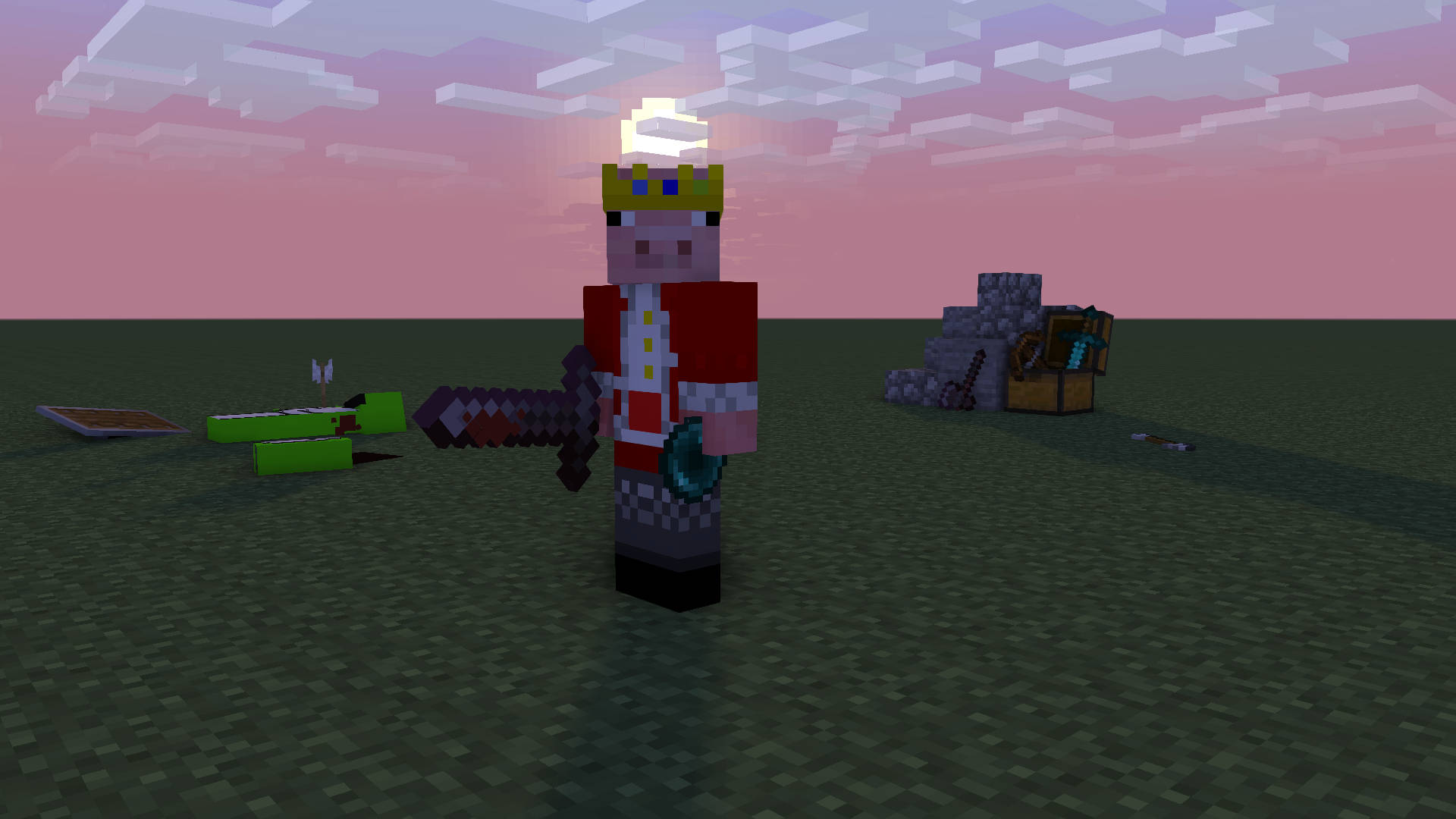 Minecraft角色身穿紅色盔甲和皇冠，在日落時手持劍。 — Technoblade GIF 壁紙