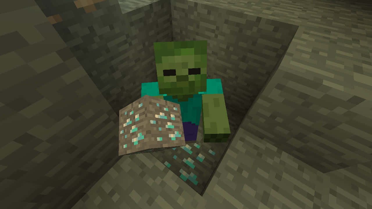Minecraft Zombie 桌布 壁紙 — Minecraft 中的像素化喪屍在黑暗石坑中手持鑽石方塊。