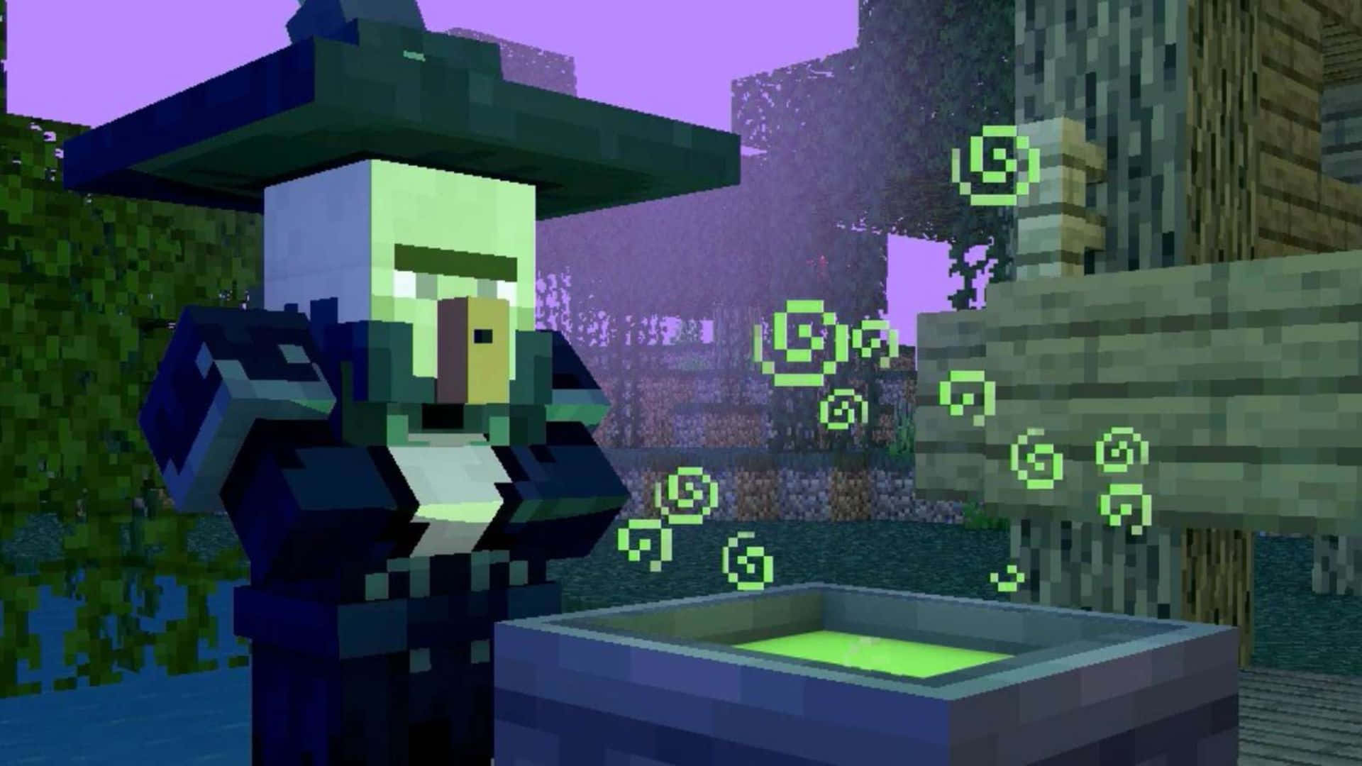 Minecraft Witch 桌布 壁紙 — Minecraft 中的像素化女巫站在一個發光的坩堝旁邊，在暮色森林中散發出綠色漩渦。