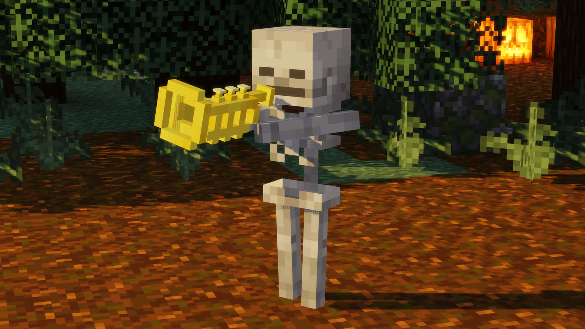 Minecraft Skeleton 桌布 壁紙 — Minecraft 中的像素化骷髏在秋葉和遠處營火的光芒中手持金色小號。