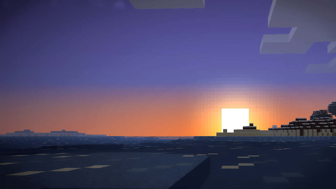 Minecraft海上日落，發光的太陽和方塊狀景觀。