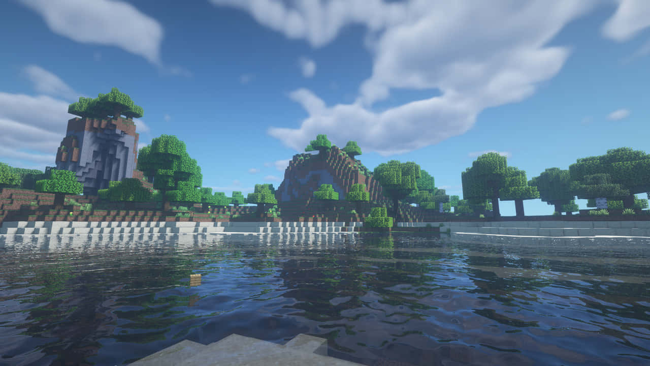 方塊風格Minecraft風景，有樹木、山脈同水面，藍天背景