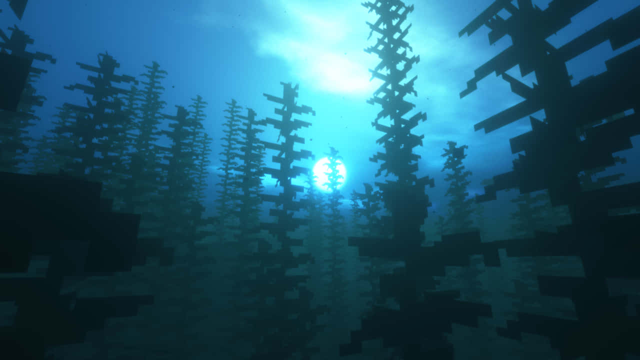 方塊狀水下森林，陽光穿透，Minecraft風格。