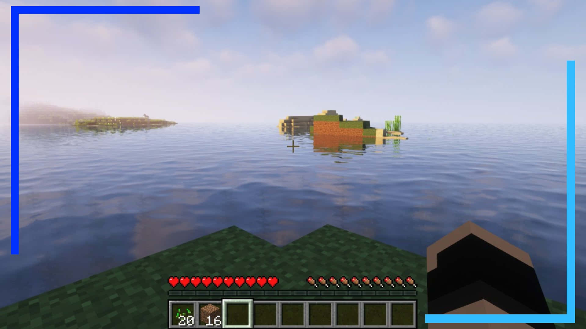 Minecraft Mods 桌布 壁紙 — Minecraft 中的第一人稱視角，顯示玩家在平靜的海面上航行，前往一個有細小村莊的遙遠島嶼。